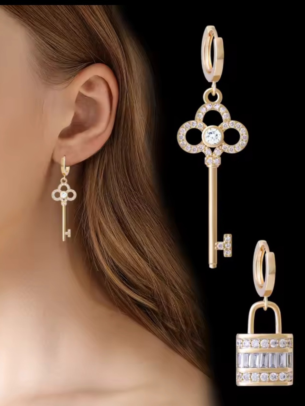 Gold plated key lock Hoop Earrings - Picture 5 of 5